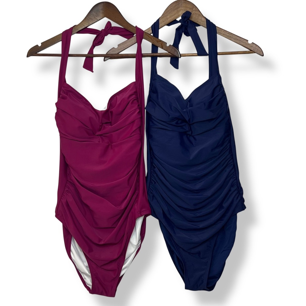 Smismivo‎ NEW 2 One Piece Swimsuits L Navy Raspberry Ruched Halter Tummy Control